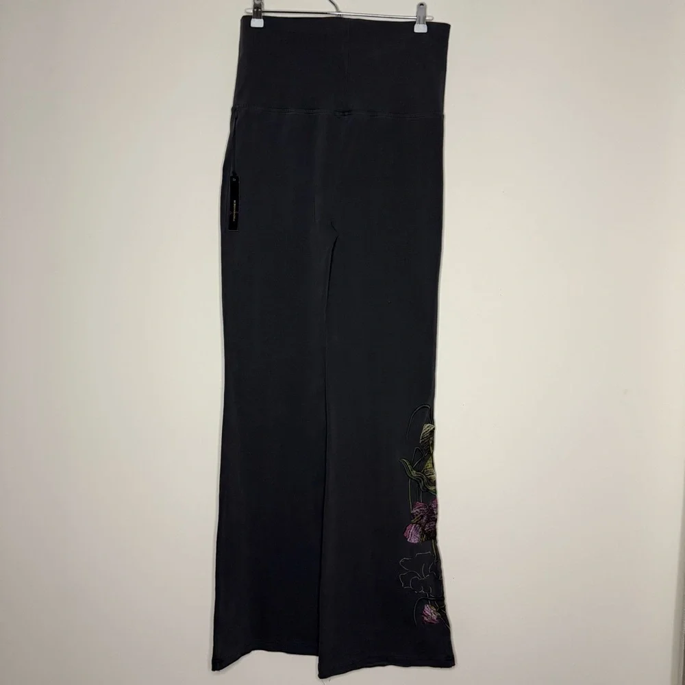 NEW BCBGMAXAZRIA Y2K Embroidered Cotton Flare Leg Foldover Waistband Sweatpants